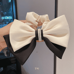 Buộc tóc nữ dạng nơ 2 tầng loại to vải lụa mịn phối ngọc trai nhân tạo thời trang -  T91