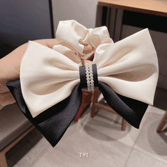 Buộc tóc nữ dạng nơ 2 tầng loại to vải lụa mịn phối ngọc trai nhân tạo thời trang -  T91