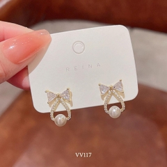 Bông tai nữ hình nơ phối ngọc trai nhân tạo sang trọng hiện đại VV117