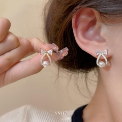 Bông tai nữ hình nơ phối ngọc trai nhân tạo sang trọng hiện đại VV117