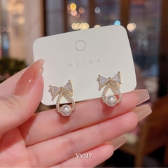 Bông tai nữ hình nơ phối ngọc trai nhân tạo sang trọng hiện đại VV117