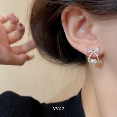 Bông tai nữ hình nơ phối ngọc trai nhân tạo sang trọng hiện đại VV117