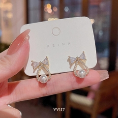 Bông tai nữ hình nơ phối ngọc trai nhân tạo sang trọng hiện đại VV117