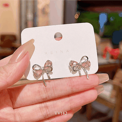 Bông tai nữ hình nơ đính đá hồng cao cấp phong cách nhẹ nhàng nữ tính thời trang VV142