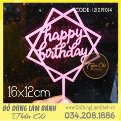 Topper cắm nhựa lớn - HAPPY BIRTHDAY vuông HỒNG - Lốc 10c