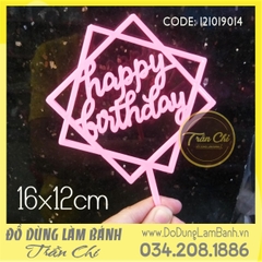Topper cắm nhựa lớn - HAPPY BIRTHDAY vuông HỒNG - Lốc 10c