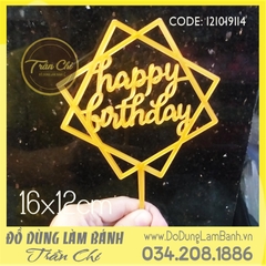 Topper cắm nhựa lớn - HAPPY BIRTHDAY vuông VÀNG - Lốc 10c