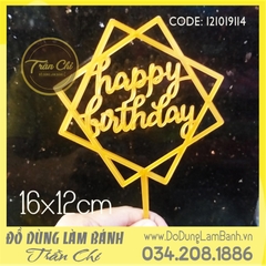 Topper cắm nhựa lớn - HAPPY BIRTHDAY vuông VÀNG - Lốc 10c