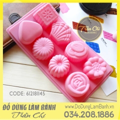 Khuôn silicone vỉ Hoa, sò, tim, vuông 8c