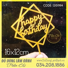 Topper cắm nhựa lớn - HAPPY BIRTHDAY vuông VÀNG - Lốc 10c