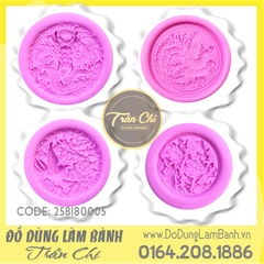 Set 4 khuôn silicone tròn: Hình Long, Phụng, Chim hoa, Cành hoa