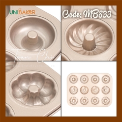 MB833 - Khuôn nướng DONUT Tròn, Xoắn, Hoa UNIBAKER - GOLD (6/12)