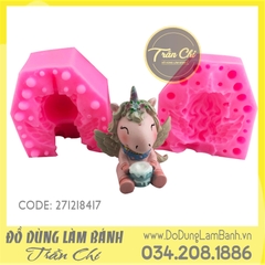Khuôn silicone Ngựa Unicorn 2 cánh cài hoa ngồi (2 mảnh)