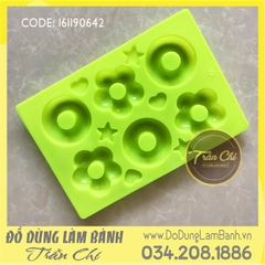 Khuôn silicone vỉ Donut tròn, hoa, tim, sao 6c