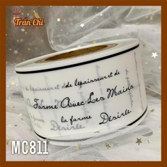 MC811 - Cuộn MICA nilong mẫu TRẮNG DÒNG CHỮ ĐEN quấn thành bánh CỨNG - Cao 8cm x 1kg (11/12)