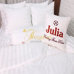Bộ chăn ga gối ra giường Hàn Quốc lụa satin trắng in sọc chìm Julia 73P