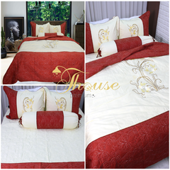 Bộ chăn ga gối drap giường màu trơn chần thêu cotton satin Ai Cập Julia 563