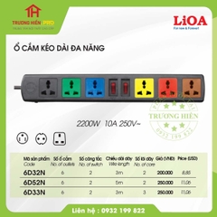 Ổ CẮM ĐIỆN LIOA 6 LỖ 3 CHẤU DÂY 3M 2 CÔNG TẮC MODEL 6D33N