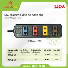 Ổ CẮM LIOA 4 LỖ 2 CHẤU 5M 1000W KHÔNG CÓ CÔNG TẮC MODEL 4TC5-2