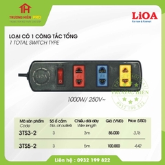 Ổ CẮM LIOA 3 LỖ 2 CHẤU 5M 1000W  CÓ 1 CÔNG TẮC MODEL 3TS5-2