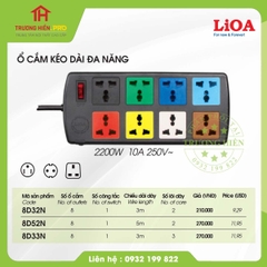 Ổ CẮM KÉO DÀI LIOA 3 CHẤU 8 LỖ ĐA NĂNG DÂY DÀI 3M MODEL 8D32N