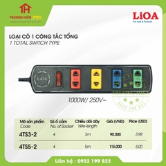 Ổ CẮM ĐIỆN LIOA 4 Ổ 2 CHẤU DÂY 5M CÓ CÔNG TẮC MODEL 4TS5-2