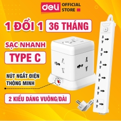 Ổ Cắm Điện Đa Năng DELI Cổng Type C USB Sạc Nhanh PD 20W 2-12 Ổ Vuông Dẹt Chịu Tải 2500W Cầu Chì Tự Ngắt Khi Quá Tải