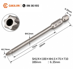 Mũi Vít Hoa Thị Có Lỗ T10 Dài 100mm Thép S2 Chuôi 6.35mm