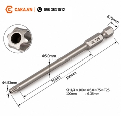 Mũi Vít Hoa Thị Có Lỗ T25 Dài 100mm Thép S2 Chuôi 6.35mm