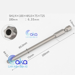 Mũi vít hoa thị có lỗ chuôi lục giác T8 T9 T10 T15 T20 T25 T30 100mm