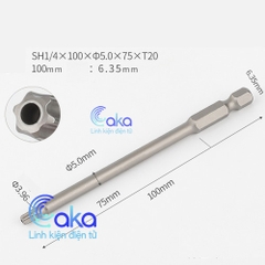 Mũi vít hoa thị có lỗ chuôi lục giác T8 T9 T10 T15 T20 T25 T30 100mm
