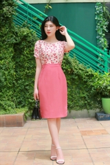 Váy công sở phối hoa nhí thời trang màu hồng EV01