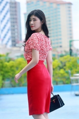 Váy công sở phối hoa nhí thời trang màu đỏ nhạt EV05