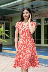 Váy công sở ELMI cao cấp hoa nhí màu cam đỏ EV15