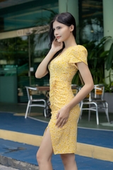 Váy xẻ rút dây ELMI cao cấp hoa nhí màu vàng EV17