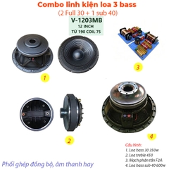 Combo linh kiện loa kéo điện 3 bass, 2 Full 30 v-1203mb + 1 sub 40 15P400, 1800w