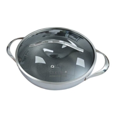Chảo inox chống dính hoa văn nổi thân đáy liền Kaiyo, sâu lòng,2 tay cầm, vung kính size 24cm - Hàng Nhật nội địa