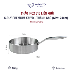 Chảo inox 316 liền khối 5-ply Premium Kaiyo - thành cao size 24cm - Hàng Nhật nội địa