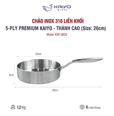 Chảo inox 316 liền khối 5-ply Premium Kaiyo - thành cao, size 20cm - Hàng Nhật nội địa