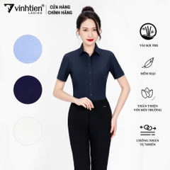 Áo Sơ Mi Nữ Ngắn Tay Vải Kẻ Bamboo Slimfit 369 Vĩnh Tiến - KM-A033-Xanh Đen