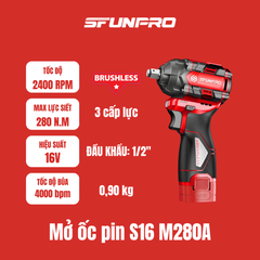 MÁY MỞ ỐC 280N.m PIN 16V/2Ah (2PIN, 1SẠC) SFUNPRO - S16M280A