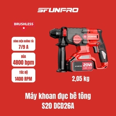MÁY KHOAN BÊ TÔNG 3CN PIN 20V/4Ah (2PIN, 1SẠC) SFUNPRO - S20DCD26A
