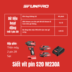 MÁY SIẾT VÍT 230N.m PIN 20V/2Ah (2PIN, 1SẠC) SFUNPRO - S20M230A
