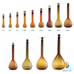Bình định mức thủy tinh, màu nâu hổ phách, nút cổ mài, thành dày, dung tích 5ml
