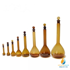 Bình định mức thủy tinh, màu nâu hổ phách, nút cổ mài, thành dày, dung tích 100ml