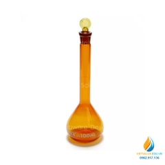 Bình định mức thủy tinh, màu nâu hổ phách, nút cổ mài, thành dày, dung tích 100ml