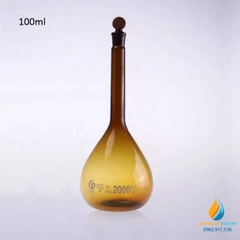 Bình định mức thủy tinh, màu nâu hổ phách, nút cổ mài, thành dày, dung tích 100ml