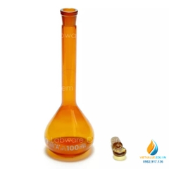 Bình định mức thủy tinh, màu nâu hổ phách, nút cổ mài, thành dày, dung tích 100ml