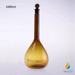 Bình định mức thủy tinh, màu nâu hổ phách, nút cổ mài, thành dày, dung tích 1000ml