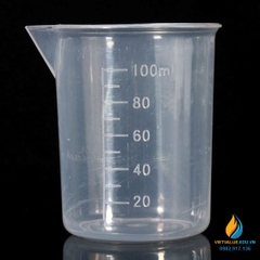 Ca đong hóa chất, bằng nhựa, có chia vạch, không có quai, có mỏ, 100ml